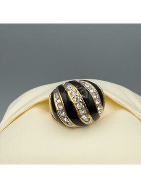 Signed Vintage Ana BeKoach Black Enamel & Rhinestone Dome Ring 18K HGE